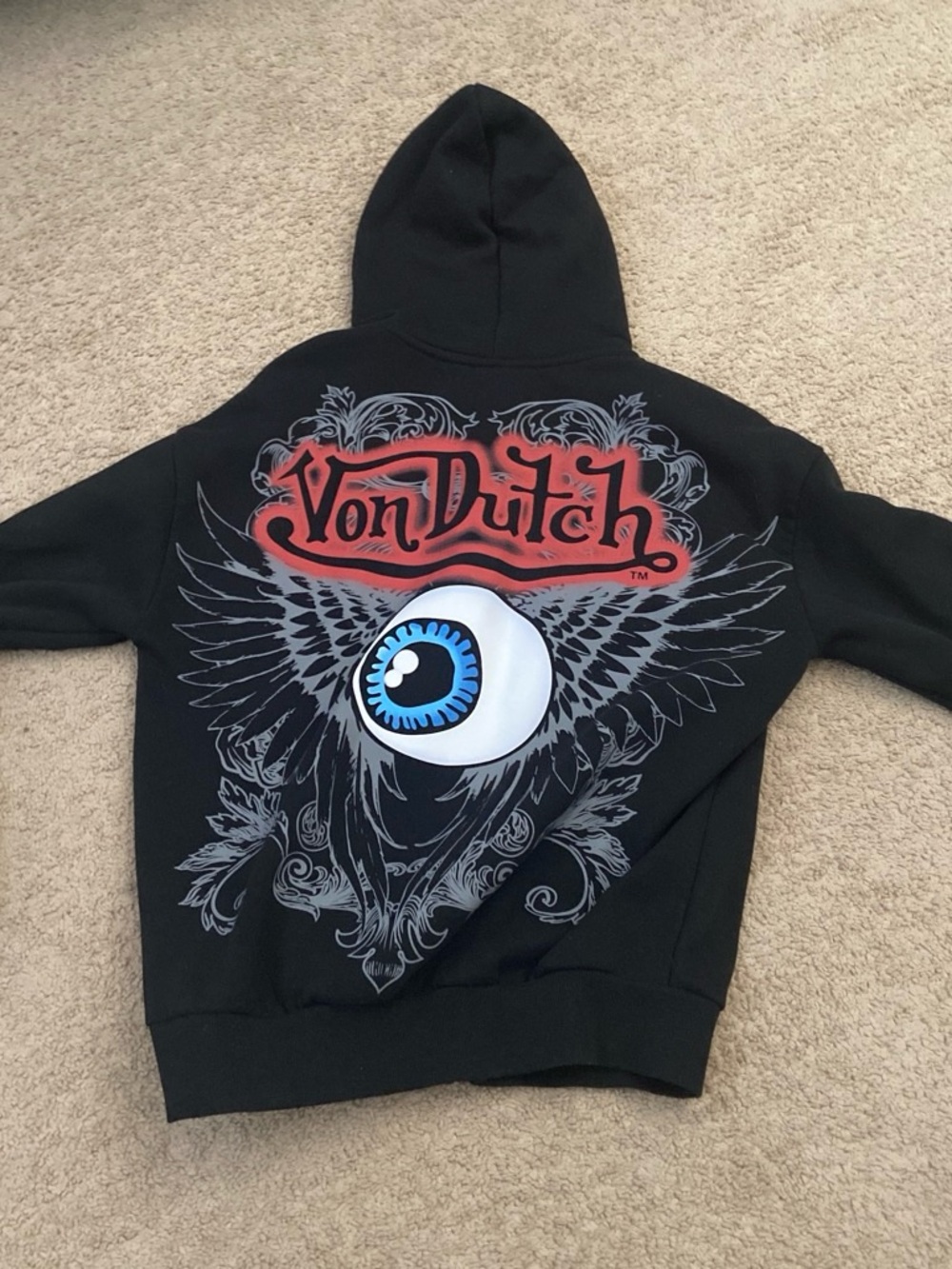 Von Dutch Black Zip-Up Hoodie with Red Logo and Blue Eye Graphic